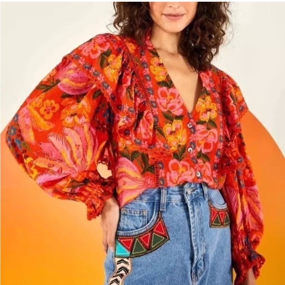🍌 Farm Rio Spring Bananas Puff-Sleeve Button Down Top – Size Small 🍌